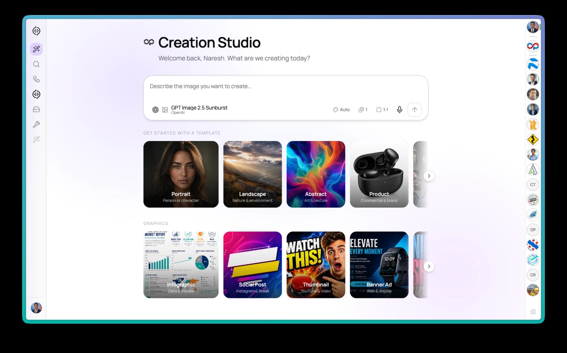 The Optimoz Creation Studio: a prompt box for describing the image you want to create, with galleries of starting templates such as portrait, landscape, abstract and product, and graphics such as infographic, social post, thumbnail and banner ad.